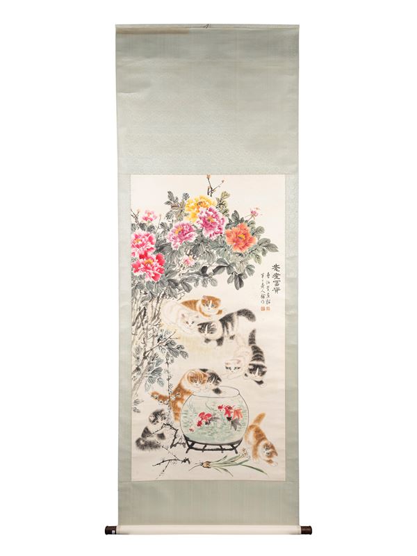 A CHINESE SCROLL PAINTING ON PAPER WITH CATS 