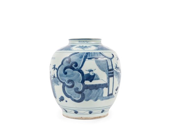 A BLUE AND WITHE SCHOLAR FIGURAL PATTERN JAR
