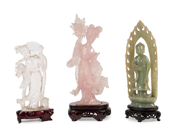 A CRYSTAL ROCK A PINK QUARTZ FEMALE FIGURE STATUES AND A JADEITE BUDDHA  