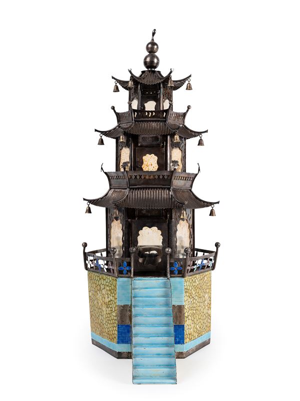 AN ENAMELLED SILVER PAGODA  