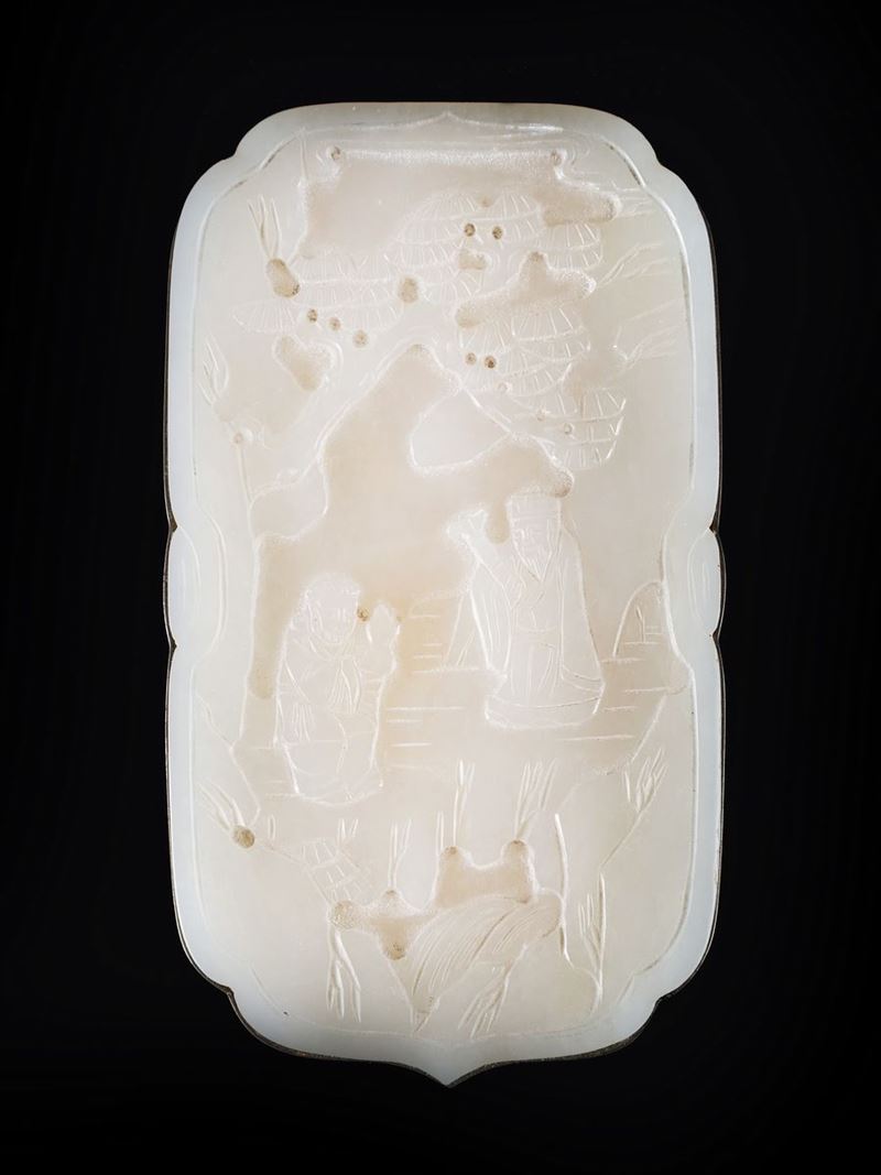 PLACCA DI GIADA BIANCA CON PAESAGGIO MONTATA SU UNA SCATOLA D'ARGENTO