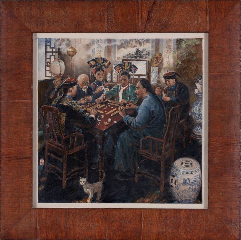 Dipinto su marmo, scena di corte – Cina, XIX secolo