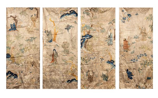FOUR EMBROIDERED SILK 