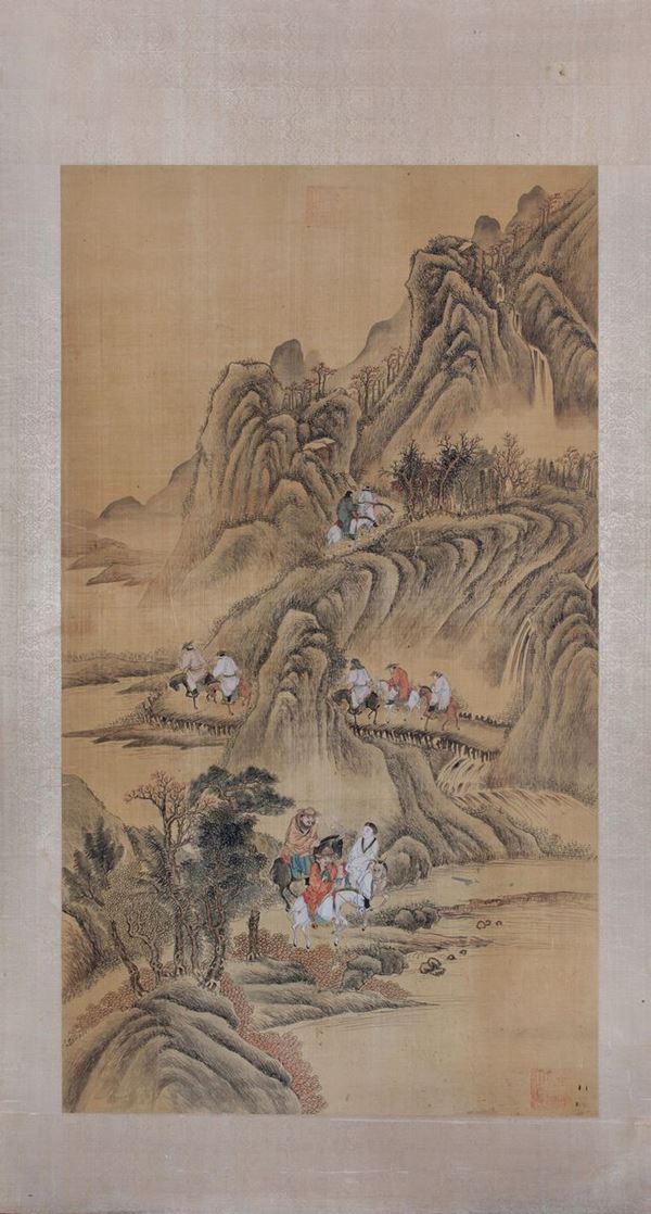  DIPINTO RAFFIGURANTE PAESAGGIO MONTUOSO CON CAVALLI  (Cina, XIX-XX secolo)  - Asta Fine Asian Art - Marcopolo srl - Marcopolo Asian Art Auction Milano