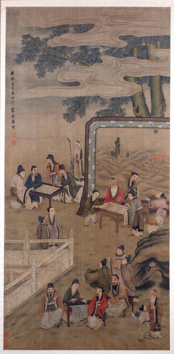 DIPINTO RAFFIGURANTE PAESAGGIO CON SCENE DI VITA  (Cina, XIX secolo)  - Asta Fine Asian Art - Marcopolo srl - Marcopolo Asian Art Auction Milano