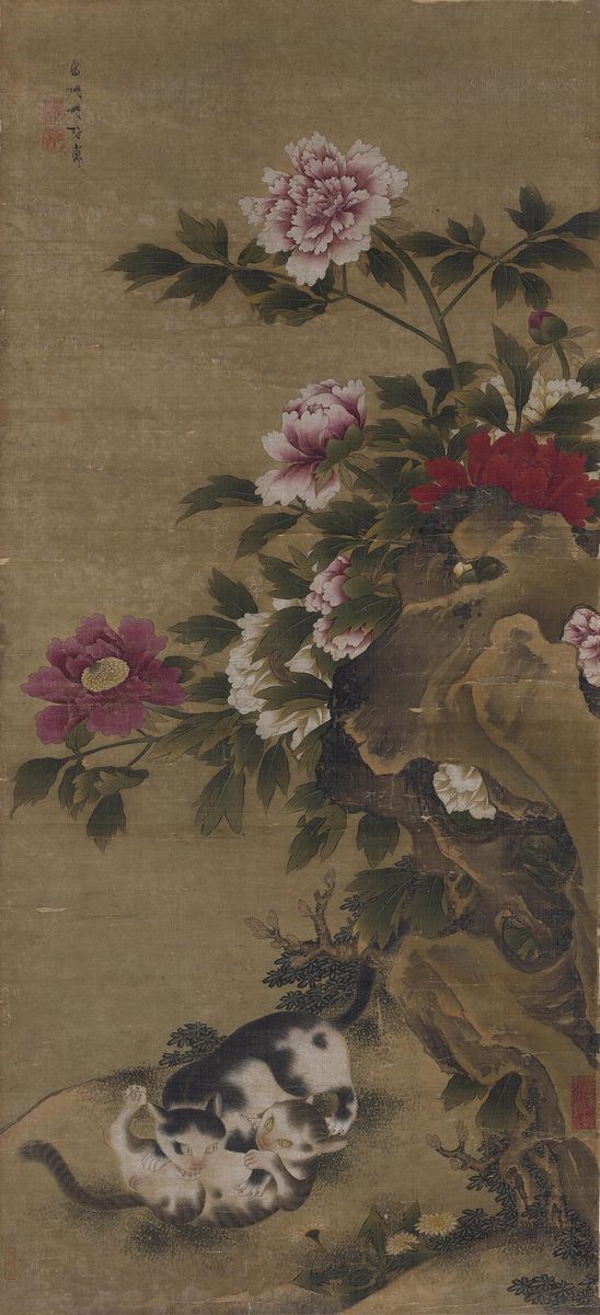 DIPINTO SU SETA CON GATTI TRA FIORI FIRMATO HU MEI 
