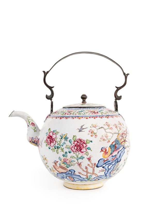 A PAINTED ENAMEL TEA-KETTLE