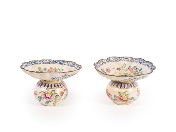 TWO PAINTED ENAMEL SMALL SPITTOONS