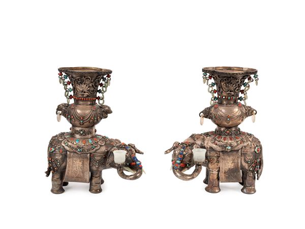 A PAIR OF SILVER AND JADE ELEPHANTS