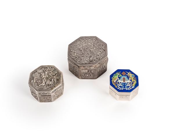 THREE OCTAGONAL SILVER BOXEX