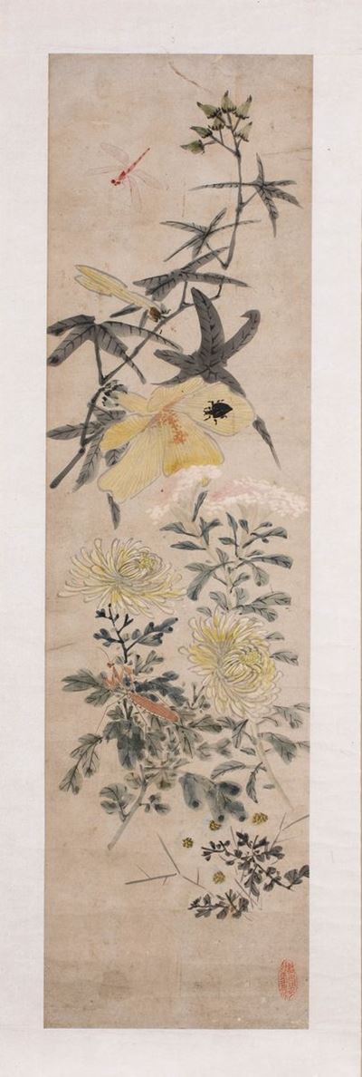 Dipinto raffigurante insetti tra foglie, inchiostro su carta, Cina, XX secolo