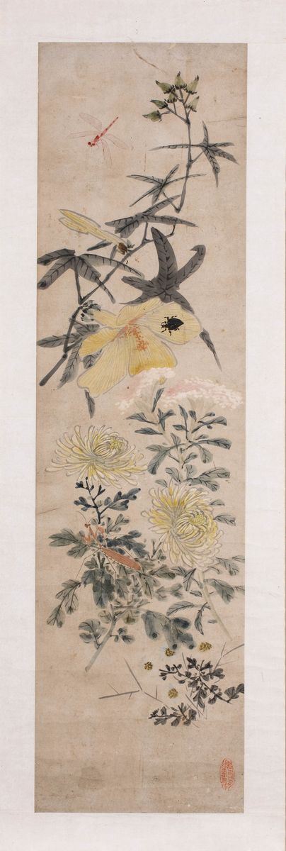 Dipinto raffigurante insetti tra foglie, inchiostro su carta, Cina, XX secolo