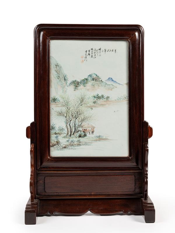 A QIANJIANGCAI PORCELAIN PLAQUE SIGNED CHENG MEN