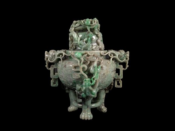 A JADEITE TRIPOD CENSER