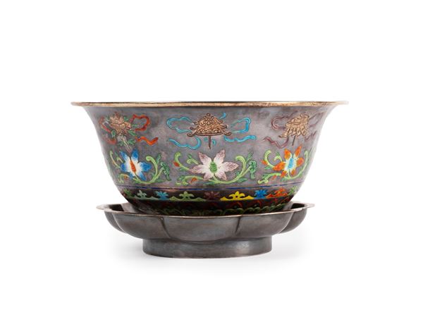 ENAMELLED SILVER BOWL AND TRAY