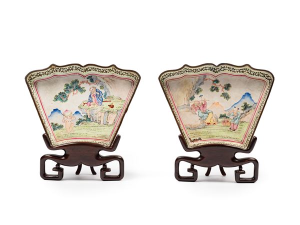 TWO ENAMEL ON COPPER SAUCER DISHES