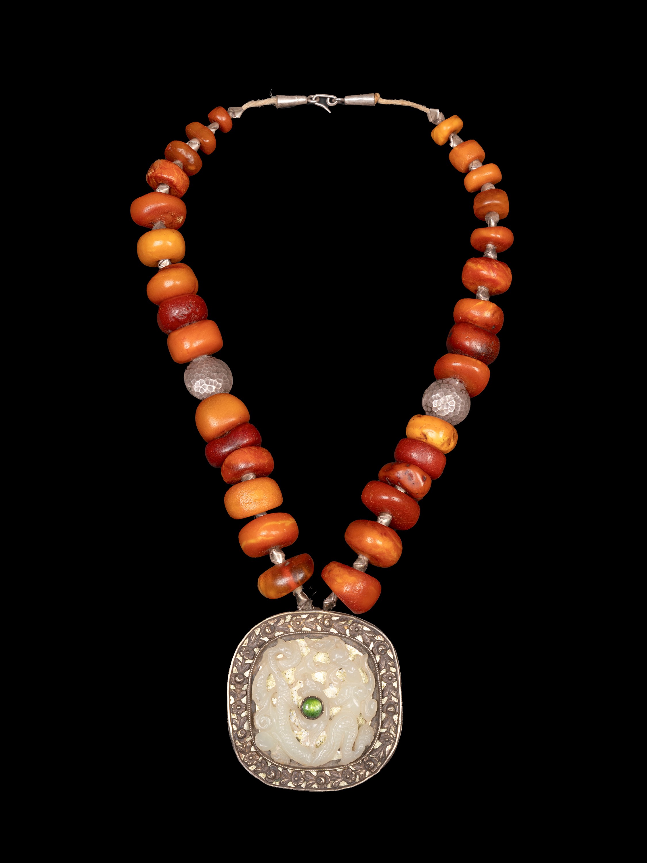 COLLANA IN AMBRA ARGENTO E GIADA