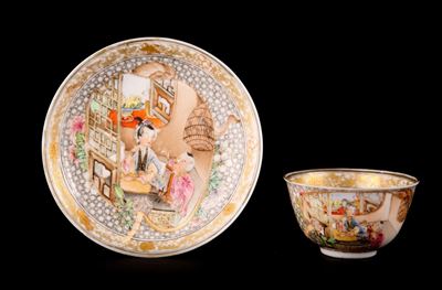 Cina, Periodo Yongzheng (1723-1735), Tazza e piattino in porcellana 'guscio d'uovo' Famiglia Rosa