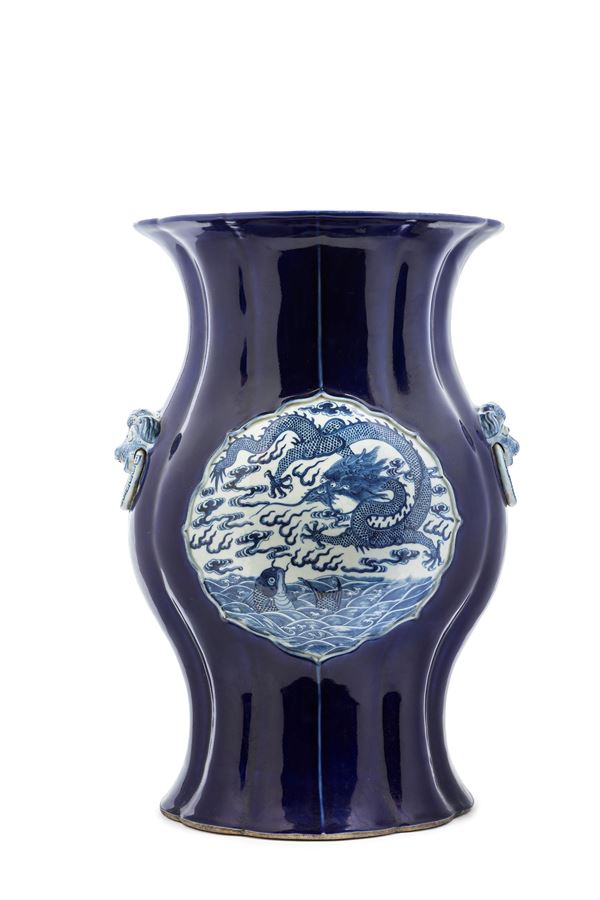 A RARE  AND LARGE BLUE-GROUND BLUE AND WHITE PORCELAIN VASE