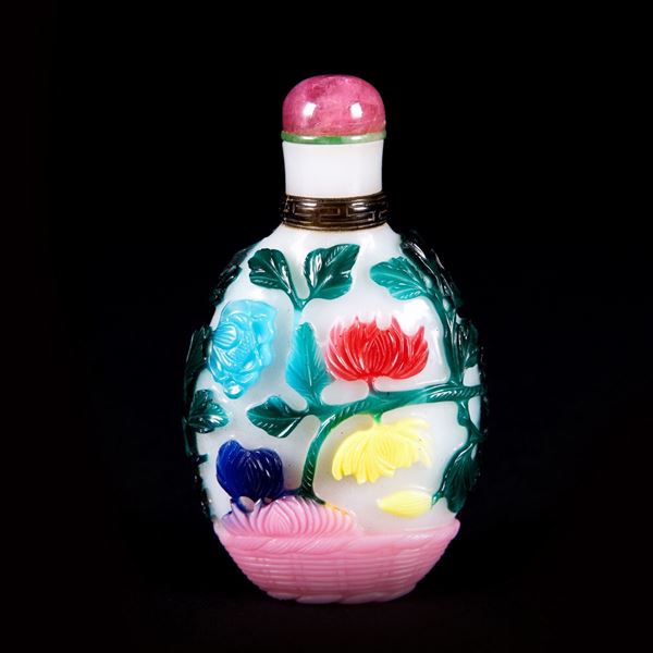  RARA SNUFF BOTTLE IN VETRO CAMMEO A SETTE COLORI