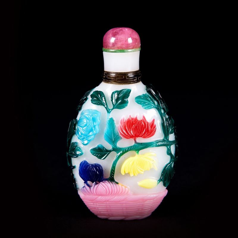 RARA SNUFF BOTTLE IN VETRO CAMMEO A SETTE COLORI