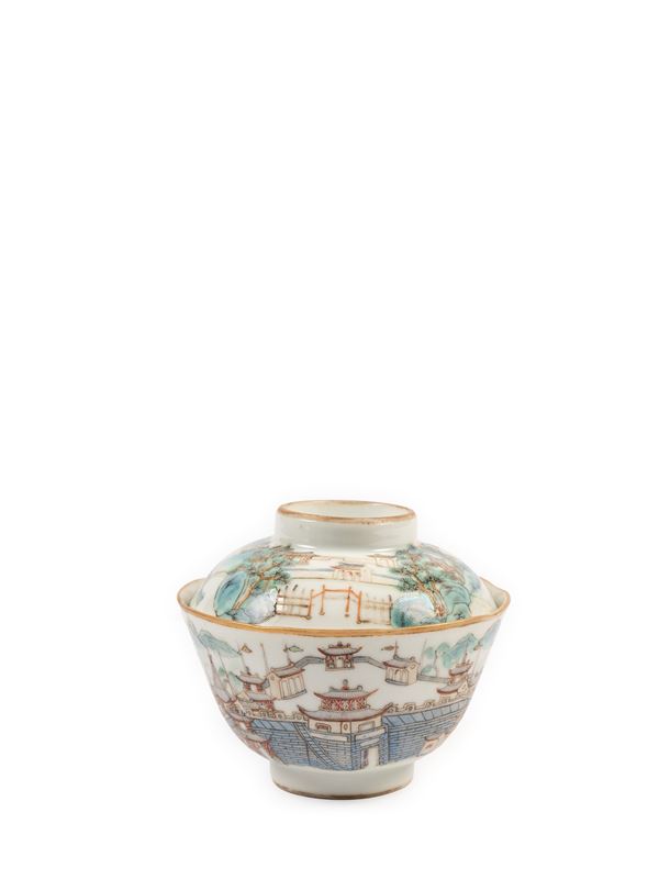 A RARE FAMILLE ROSE PORCELAIN CUP AND COVER