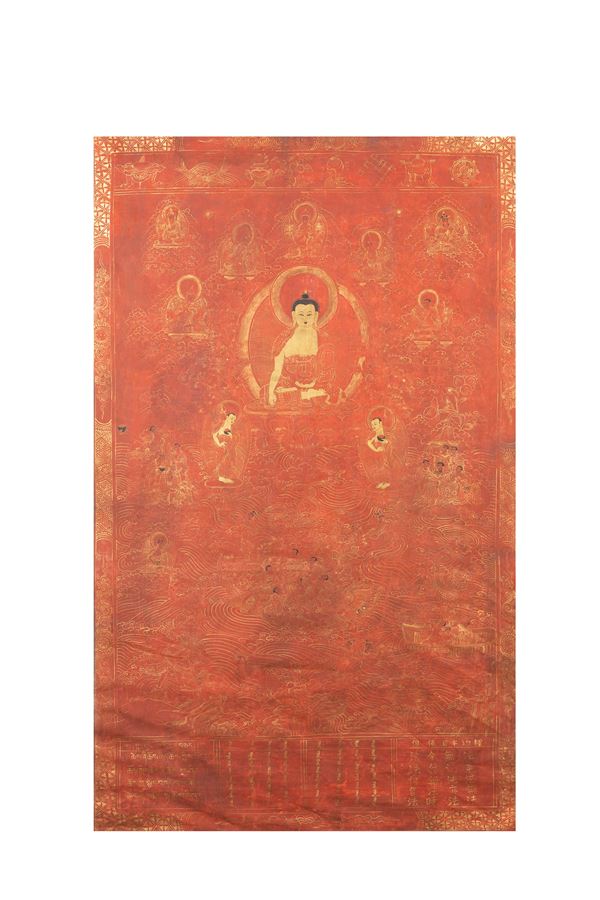 A RED-GROUND THANGKA OF SHAKYAMUNI BUDDHA