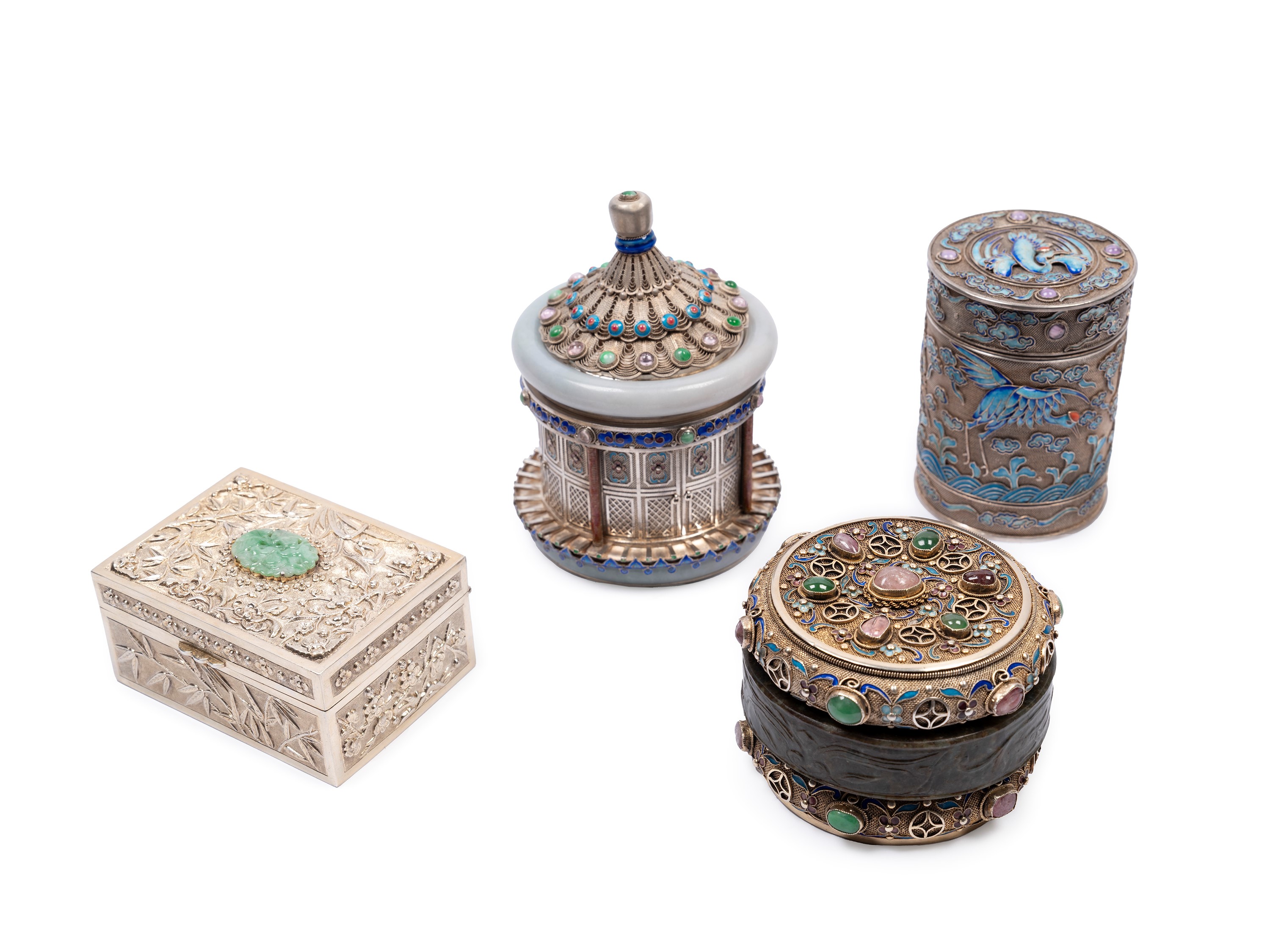 Quattro Scatole in Argento Giada e Pietre Dure