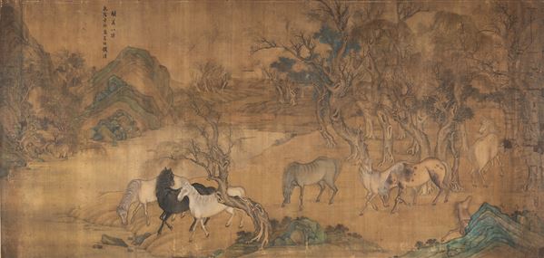 A LARGE AND IMPORTANT 'EIGHT HORSES' PAINTING ON SILK SIGNED BY QIAN FENG  (China, Qianlong period, dated 1771)  - Auction Fine Asian Art - Marcopolo srl - Marcopolo Asian Art Auction Milano