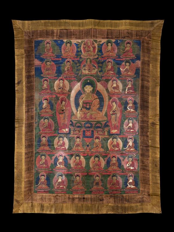 THANGKA IN SETA DIPINTA DI BUDDHA SAKYAMUNI