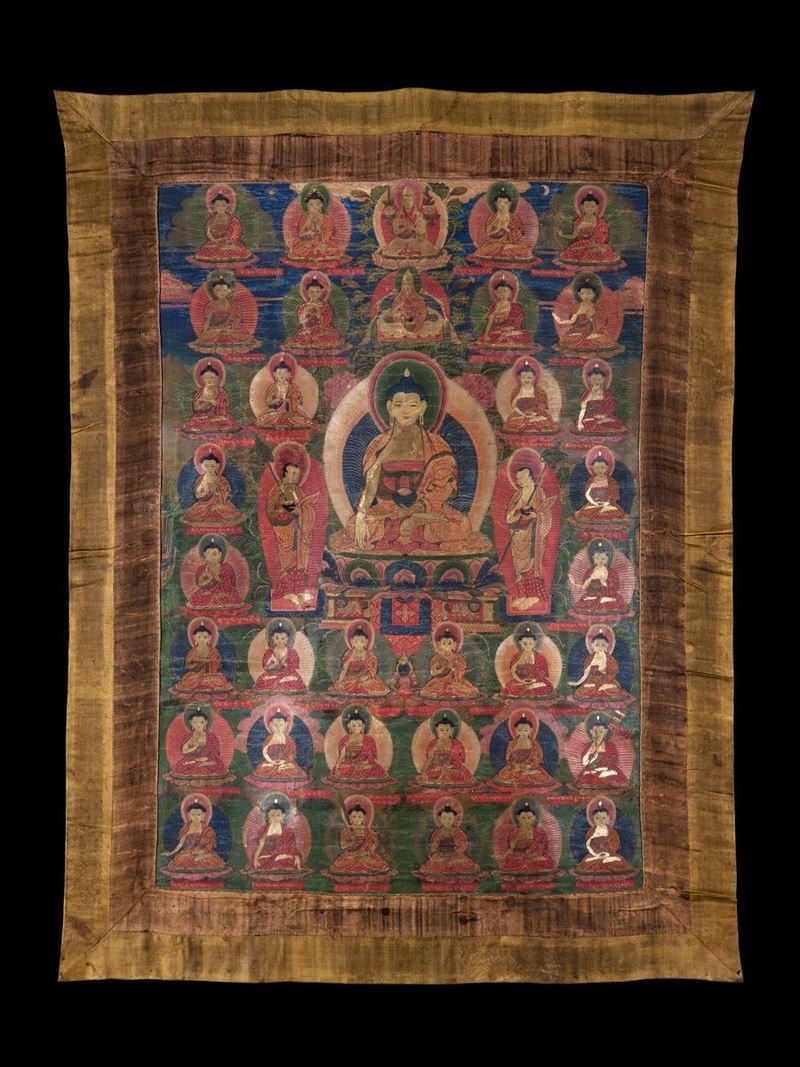 Thangka in seta dipinta raffigurante Buddha Sakyamuni, Tibet - Nepal, XX secolo