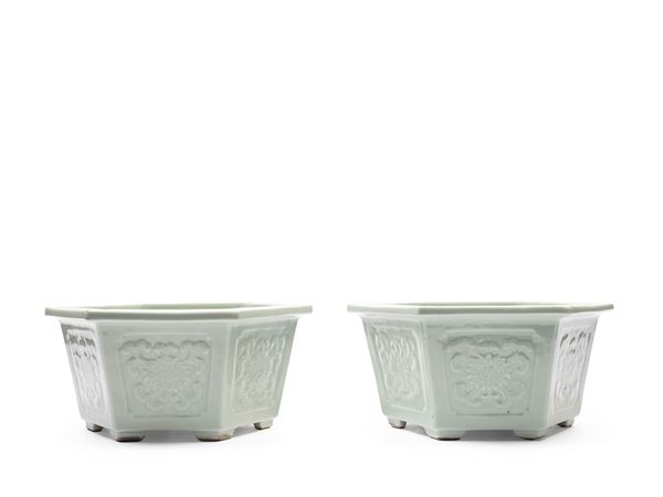 A PAIR OF CELADON PORCELAIN JARDINIERES