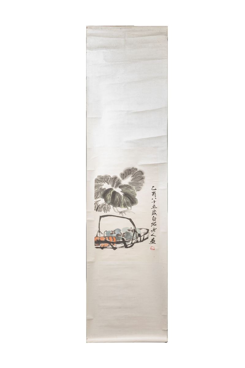 Scroll Dipinto su Carta Firmato Qi Baishi