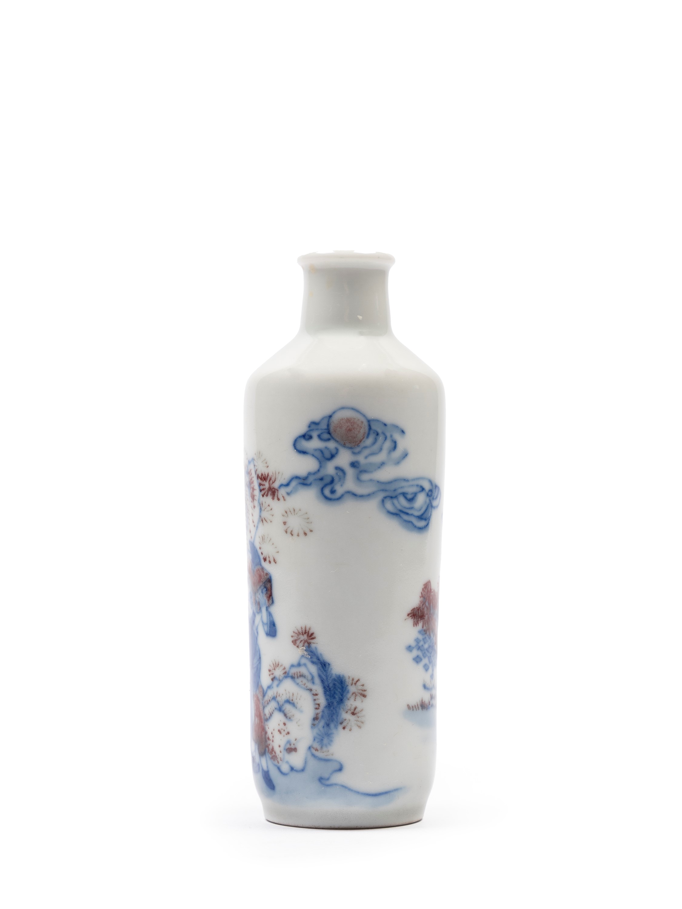 SNUFF BOTTLE IN PORCELLANA BLU E ROSSO SOTTO COPERTA