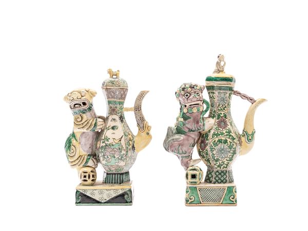 TWO FAMILLE VERTE PORCELAIN WINE-POT
