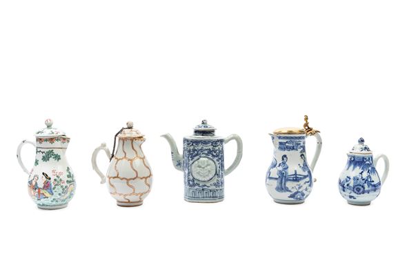 FIVE PORCELAIN MILK-POTS