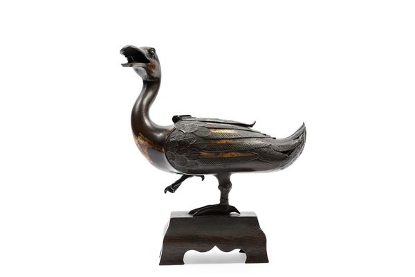 A PARCEL GILT-BRONZE DUCK-SHAPED INCENSE BURNER AND COVER