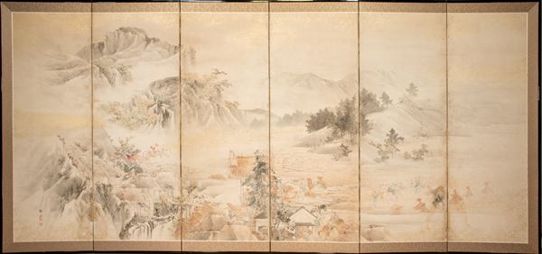 PARAVENTO A SEI PANNELLI  (Giappone, periodo Meiji (1868-1912))  - Asta Fine Asian Art - Marcopolo srl - Marcopolo Asian Art Auction Milano