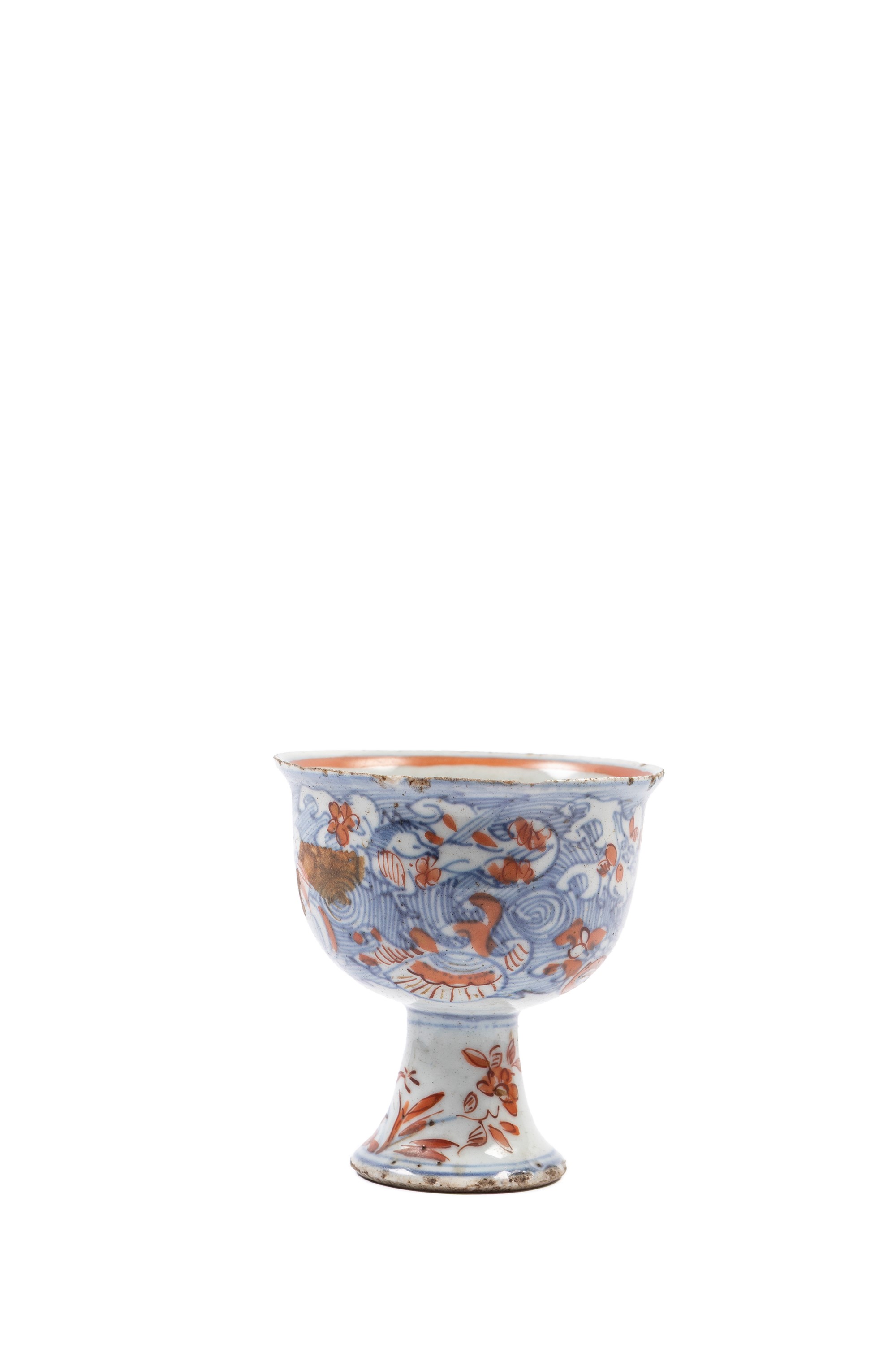 COPPA A STELO IN PORCELLANA BIANCA E BLU E ROSSO FERRO