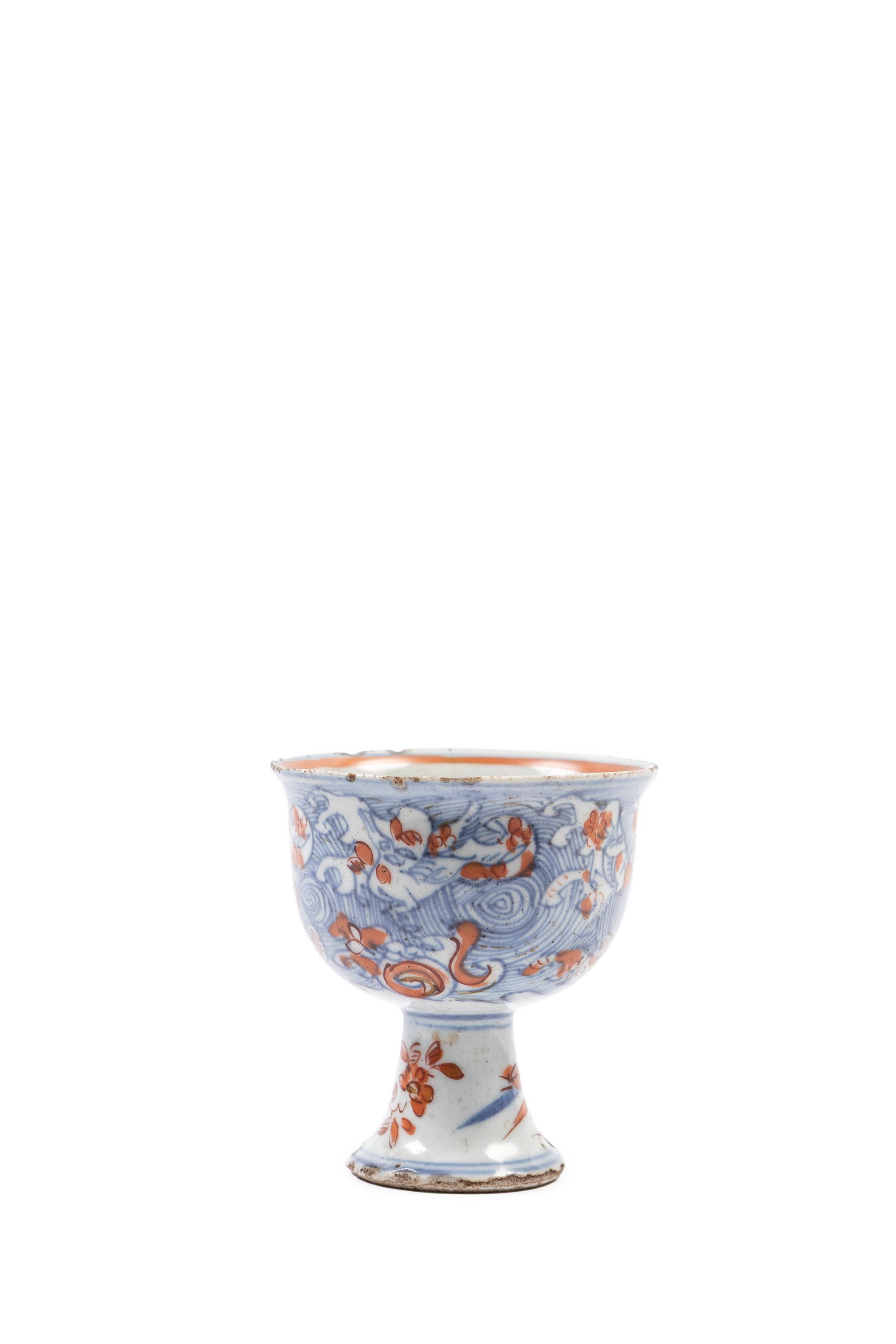 COPPA A STELO IN PORCELLANA BIANCA E BLU E ROSSO FERRO