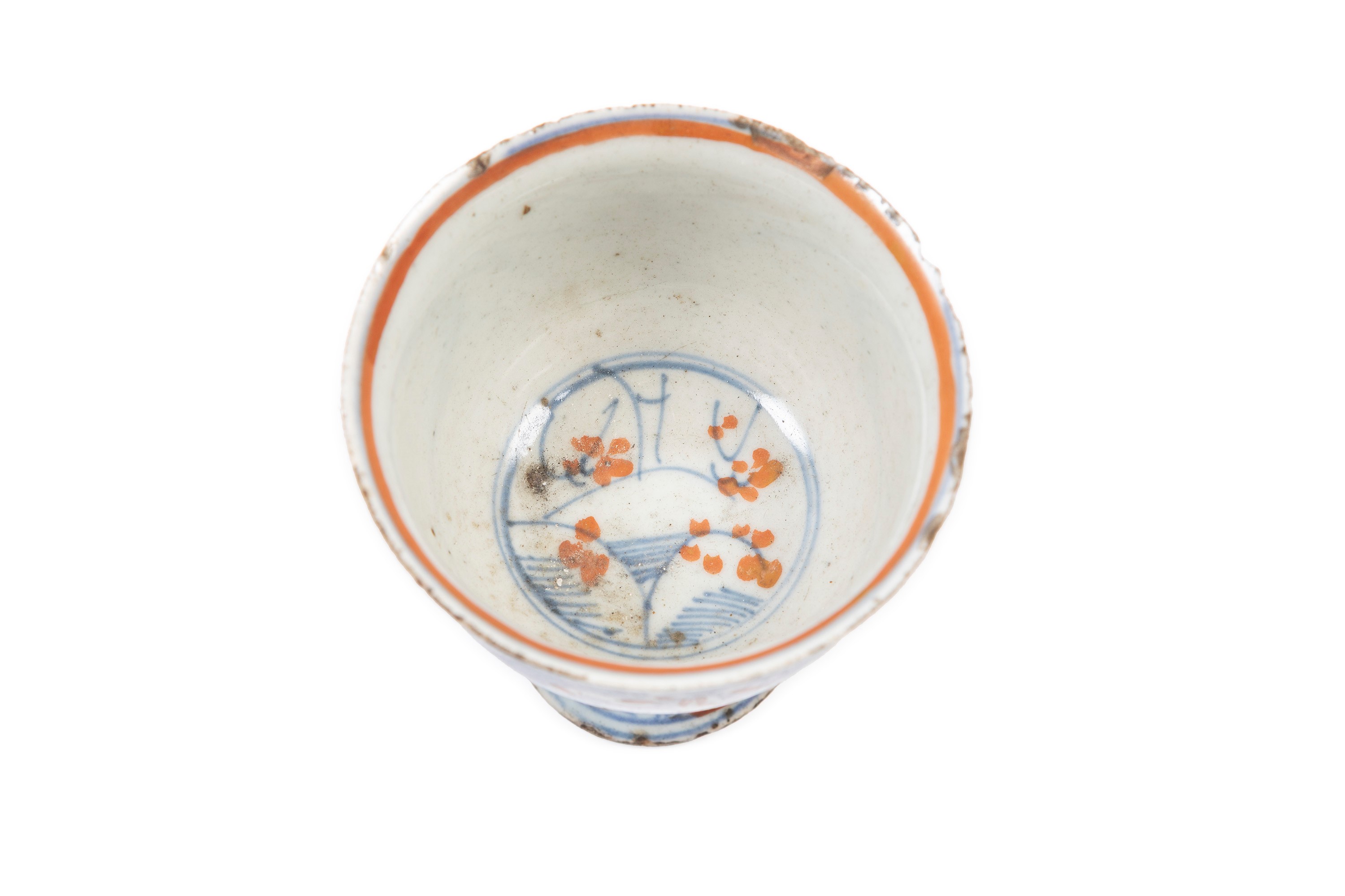 COPPA A STELO IN PORCELLANA BIANCA E BLU E ROSSO FERRO