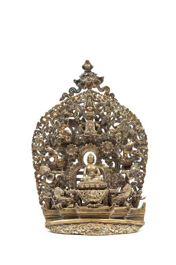 A RARE BRONZE GROUP WITH SHAKYAMUNI BUDDHA