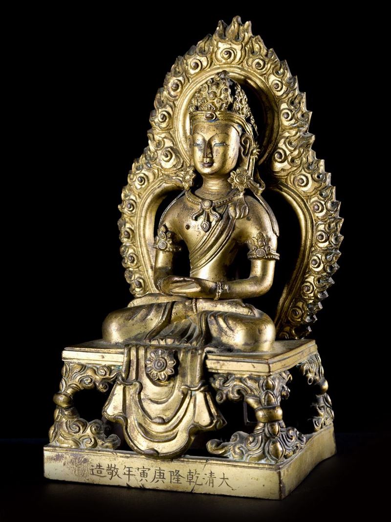 BUDDHA AMITAYUS IN BRONZO DORATO CON FIAMMA