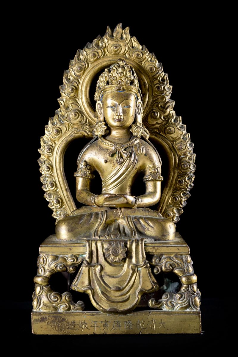 BUDDHA AMITAYUS IN BRONZO DORATO CON FIAMMA