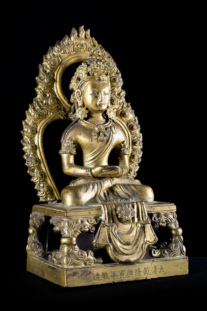 BUDDHA AMITAYUS IN BRONZO DORATO CON FIAMMA