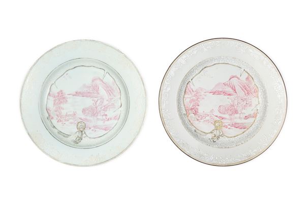 A RARE PAIR OF PUCE-ENAMEL AND BIANCO SOPRA BIANCO PORCELAIN DISHES