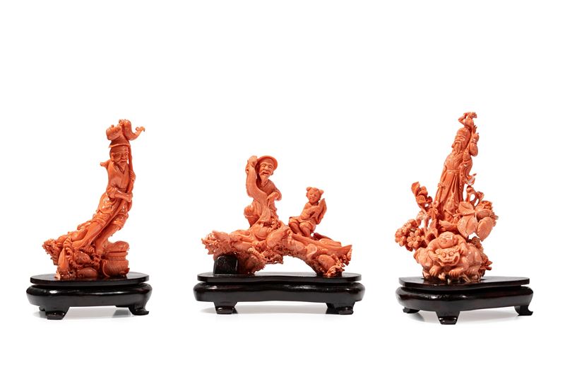 ☼TRE SCULTURE IN CORALLO ROSSO MOMO O CERASUOLO