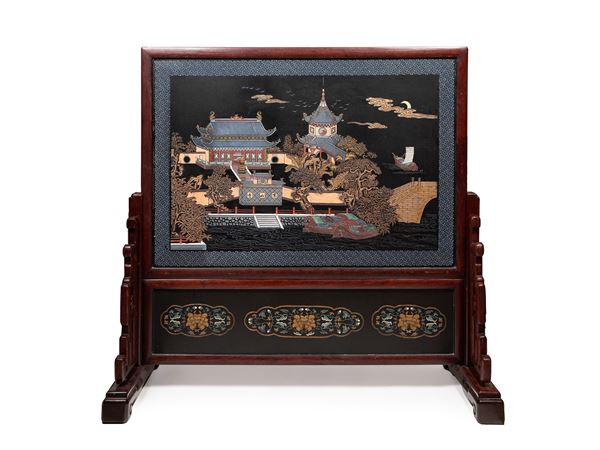 A LARGE PORCELAIN AND WOOD SCREEN