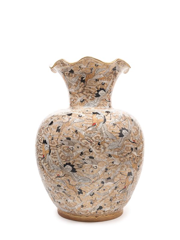A LARGE SATSUMA "THOUSAND CRANES" VASE