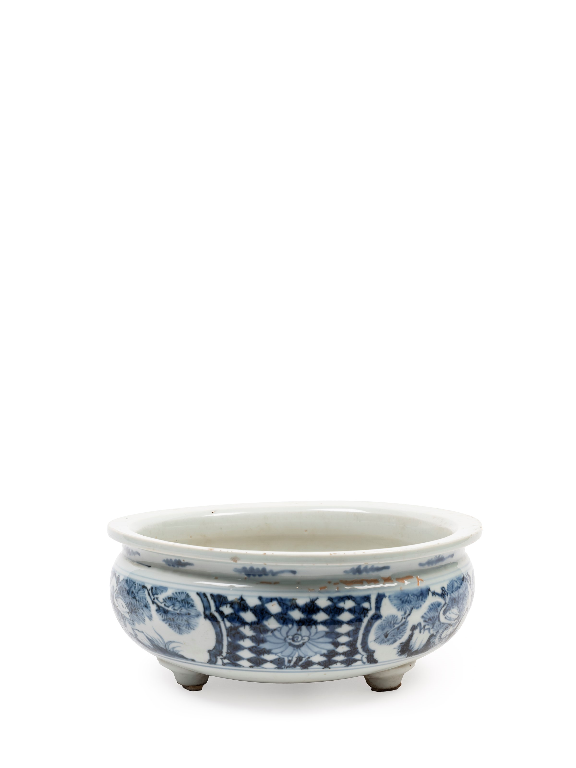 INCENSIERE TRIPODE IN PORCELLANA BIANCA E BLU